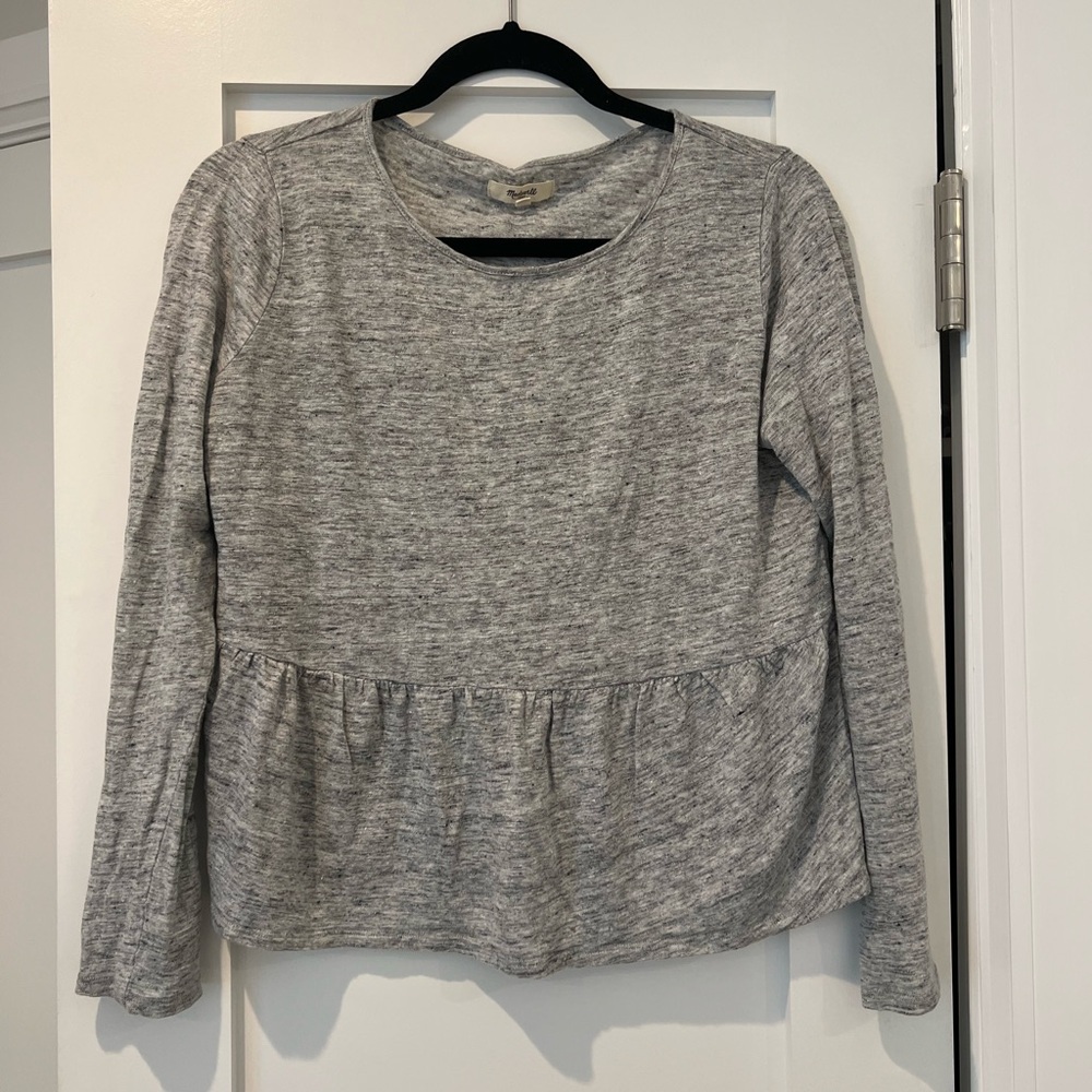 Madewell Gray Linen Babydoll Crewneck Long Sleeve Shirt Top [Small]